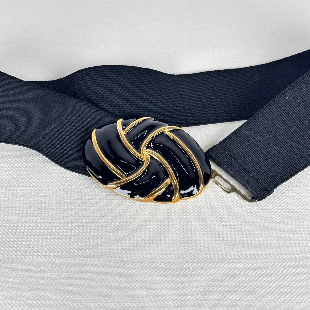 Vintage Day-Lor Black & Gold Enamel‎ Cinch Belt Sculptural Statement Elastic